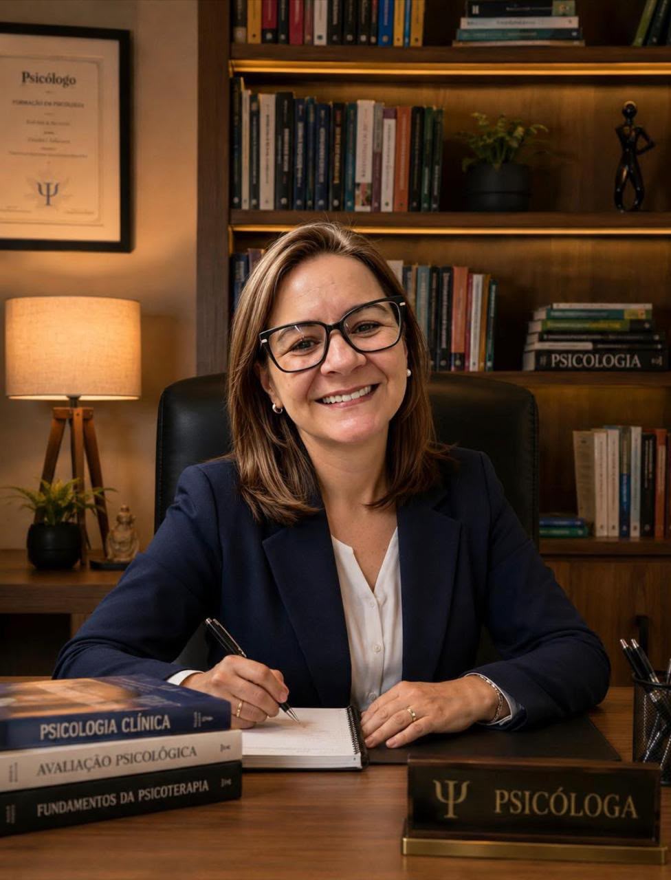 Mari Porto, psicóloga, em seu consultório com livros de psicologia ao fundo